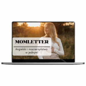 Okładka kursu Momletter – Angielski na Macierzyńskim przedstawiająca uśmiechniętą mamę uczącą się angielskiego online w domowym zaciszu.
