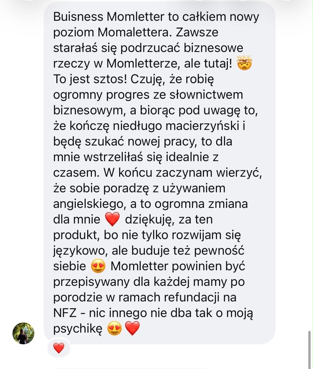 Opinia uczestniczki Business Momletter — wiadomość o postępach w Business English