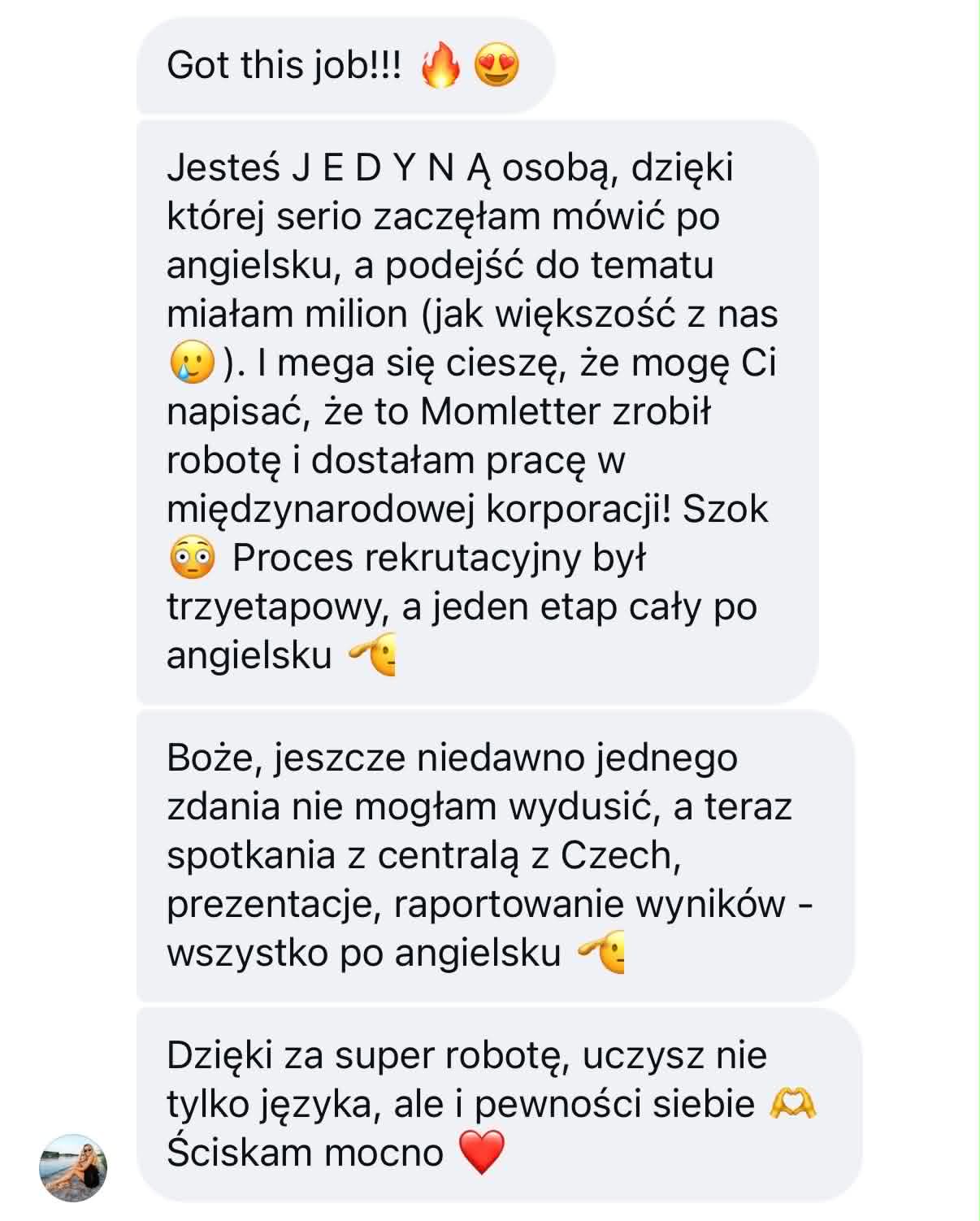Opinia uczestniczki Business Momletter — wiadomość o zdobyciu pracy i mówieniu po angielsku